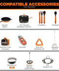 Image of compatible camping accessories including Summit Skillet, 1.5L FluxRing Pot, TrailWare, and fuel canisters for Flash 1.0L Portable Fast Boil Stove.