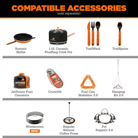 Image of compatible camping accessories including Summit Skillet, 1.5L FluxRing Pot, TrailWare, and fuel canisters for Flash 1.0L Portable Fast Boil Stove.