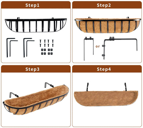 Assembly guide for 24 Inch Railing Planter With Adjustable Brackets Window Box With Coco Liner Hanging Flower Metal Planter