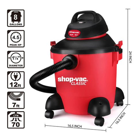 Red 8 Gallon Wet Dry Vacuum With 4.5 Peak HP Motor, 3 In 1 Multi Function, Includes Filter And Hose For Job Site, Garage Cleanup