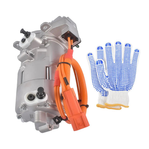 Direct Swap Electric Ev Ac Compressor Fits 2017 To 2020 Tesla Model 3 with orange wiring and safety gloves.