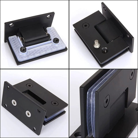 Heavy Duty Hella Sturdy Glass Door Hinges With Scratch Shield Rubber Stops For Frameless Shower Doors 90 Degree Pivot Clamps For 8 To 12Mm Tempered Glass No Sweat Setup close-up view of hinge mechanism.