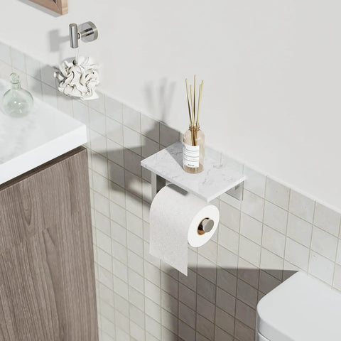 Rock Solid Brushed Nickel Toilet Paper Holder With Real Marble Shelf Wall Mount Tissue Dispenser for bathroom essentials.