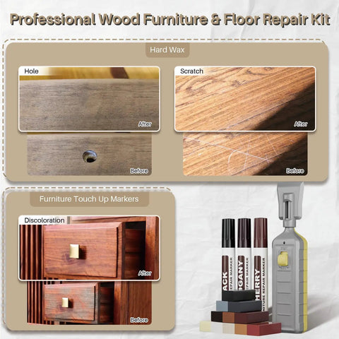Before and after repair examples using No Hassle Wood Floor And Furniture Repair Kit With Heat Acting Wax Pen Plus Eleven Rich Match Shades.