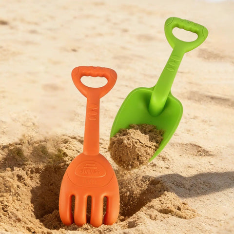 Large Beach Sand Toy Set With Two Shovels And Two Rakes In Mesh Bag Sixteen Point Five Inch Heavy Duty Plastic Kit for beach play