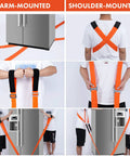 Heavy Duty Padded Moving Straps And Lifting Harness For Couches Furniture And Appliances Ergonomic Shoulder Gear shown in arm-mounted and shoulder-mounted setups.