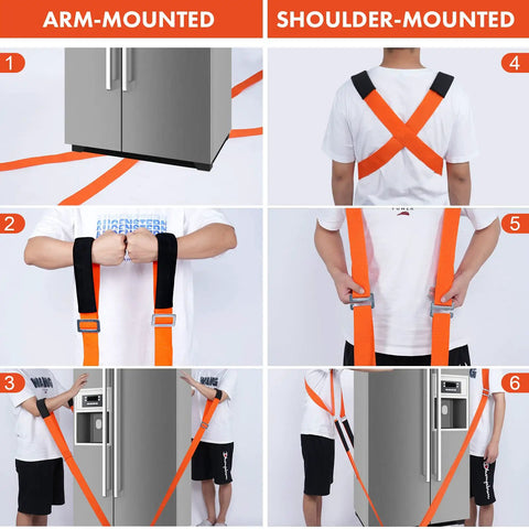 Heavy Duty Padded Moving Straps And Lifting Harness For Couches Furniture And Appliances Ergonomic Shoulder Gear shown in arm-mounted and shoulder-mounted setups.