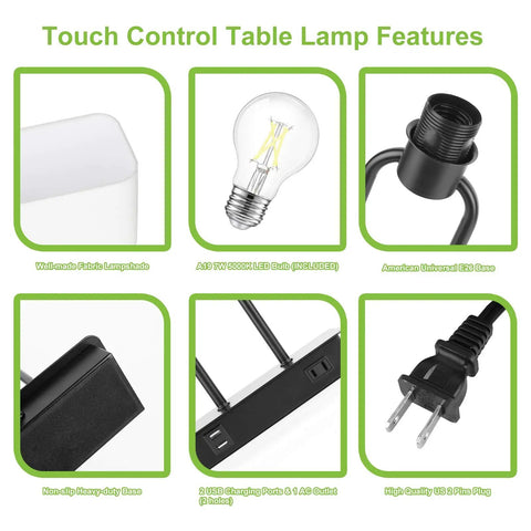 Features of Bedside Touch Control Table Lamp With Dual USB Ports And AC Outlet, 3 Way Dimmable Modern Nightstand Light