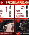 Matte Black Rim Touch Up Paint Pen Quick Cure For Curb Rash And Scuffed Wheels Auto Alloy Scratch Fix with applicator instructions.