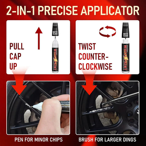 Matte Black Rim Touch Up Paint Pen Quick Cure For Curb Rash And Scuffed Wheels Auto Alloy Scratch Fix with applicator instructions.
