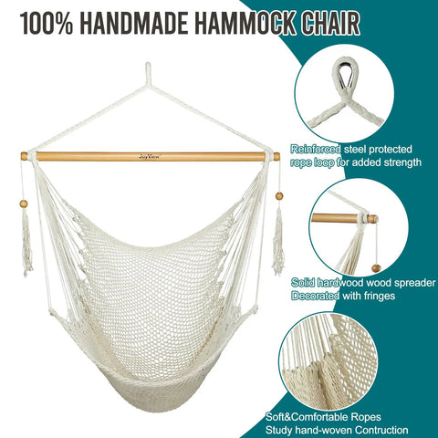 Caribbean Style Hammock Chair With Spreader Bar, XL Rope Hanging Chair For Indoor Outdoor Use, 300 Lb Weight Capacity, Natural White