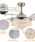 36 Inch Crystal Fandelier Ceiling Fan With Lights Retractable Invisible Modern Chandelier Ceiling Fan Remote Control Chrome Finish