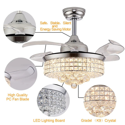36 Inch Crystal Fandelier Ceiling Fan With Lights Retractable Invisible Modern Chandelier Ceiling Fan Remote Control Chrome Finish