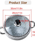Korean Stone Bowl With Induction Base And Glass Lid, 11.8 Inch Granite Stoneware, shown with dimensions and lid details