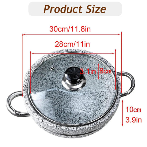 Korean Stone Bowl With Induction Base And Glass Lid, 11.8 Inch Granite Stoneware, shown with dimensions and lid details