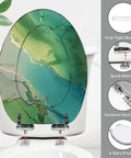 Elongated Toilet Seat Resin Bathroom in green and gold design, measuring 14.5" x 18.5", featuring stainless steel hinges.