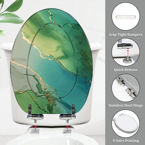 Elongated Toilet Seat Resin Bathroom in green and gold design, measuring 14.5" x 18.5", featuring stainless steel hinges.