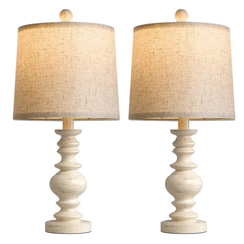 Super Cool Rustic Table Lamp Set Of Two With Vintage Farmhouse Vibes Perfect For Your Living Room Bedroom Or Nightstand In Small Spaces Features Antique White Resin Base And Linen Shade For Cozy Compact Decor.