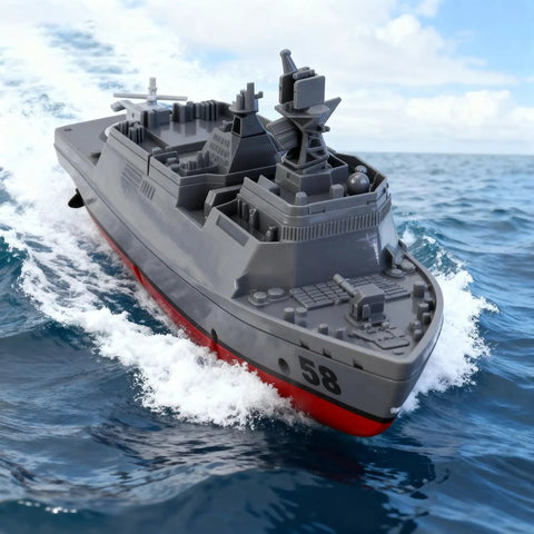 Remote Controlled Warship Battle Boat With 10kmh Top Speed And 4WD Power 2 4G RC Boat on water, grey with red hull