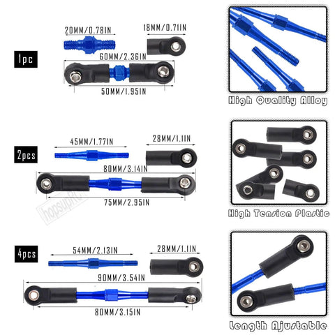 Total Game Changer Chassis Upgrade For 1/10 Slash Rustler Stampede 4x4 RC Rigs with adjustable turnbuckles and blue alloy connectors.