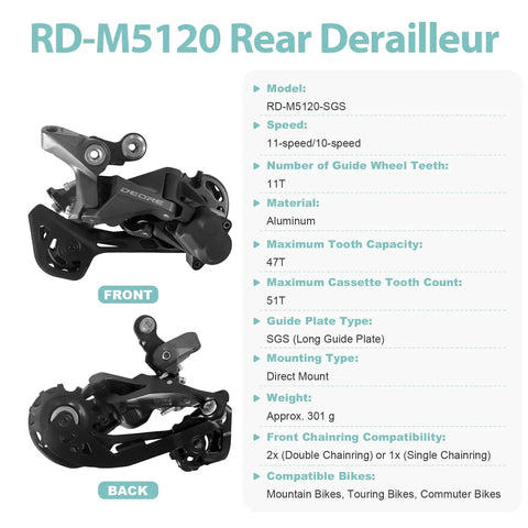 M5120 10/11-speed rear derailleur direct mount front and back view for mountain bikes with durable aluminum design