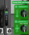Portable Level One And Level Two EV Charger With 25 Foot Cable 110-240V Input SAE J1772 Plug displayed with features