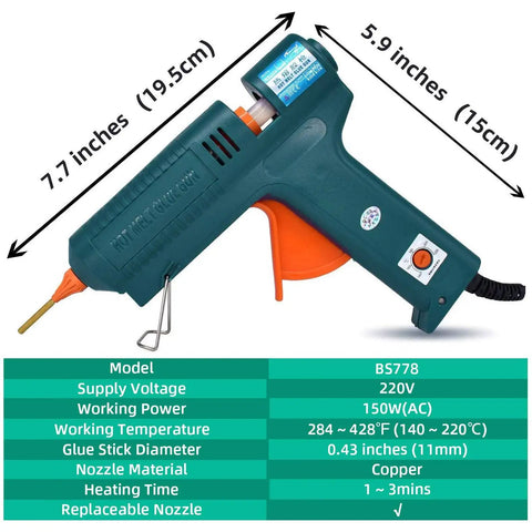 High Power 150W Hot Glue Gun With 6 Copper Nozzles Temperature Adjustable DIY Craft Repair Tool Pro Melt Gun dimensions and specs