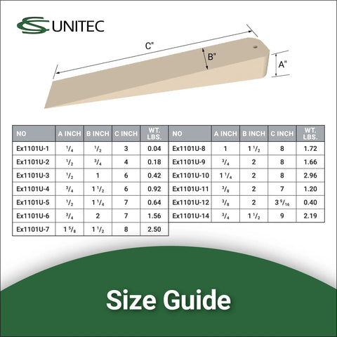 Non Sparking Flange Wedge With Lanyard Hole Aluminum Bronze One And A Quarter Inch By 2 By 8 Inches size guide and diagram.