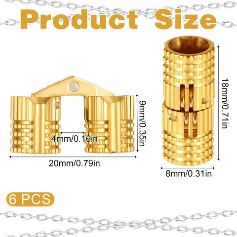 Hidden Brass Hinges Set, 6 Pcs, 8 Mm, 180 Degree Opening, Invisible Furniture Hinges, gold finish, durable brass construction, size details shown