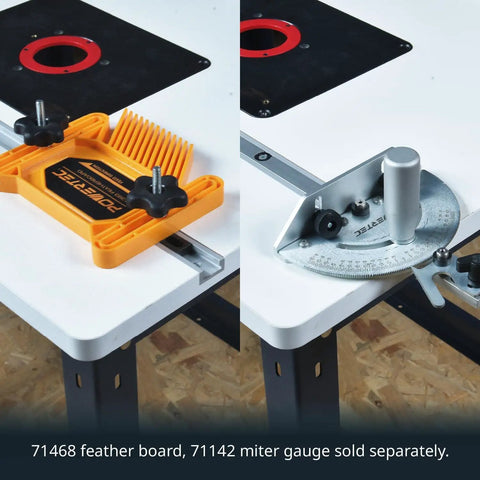 Built Tough 24 By 32 Inch Router Table Top And Heavy Duty Workstand with feather board and miter gauge setup for woodworking.