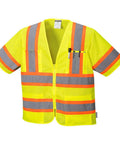 Heavy Duty Sleeved High Visibility Safety Vest With Silver Reflective Tabs And Cool Breeze Mesh Fabric showing yellow mesh fabric and orange stripes.