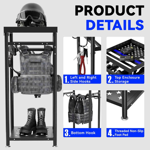 Heavy Duty Police Gear Stand With Four Strong Hangers For Handguns, Belts, Vests And Body Armor, black details view