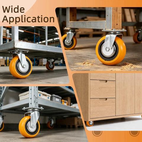 Heavy Duty 4 Inch Industrial Caster Wheel Replacement Kit With Mounting Hardware on shop carts, showing smooth rolling action.