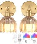 Vintage Rechargeable Wall Sconce Set With Amber Tulip Glass Shade And Wireless Remote For Zero Wiring Bedroom Decor with two lamps and remotes.