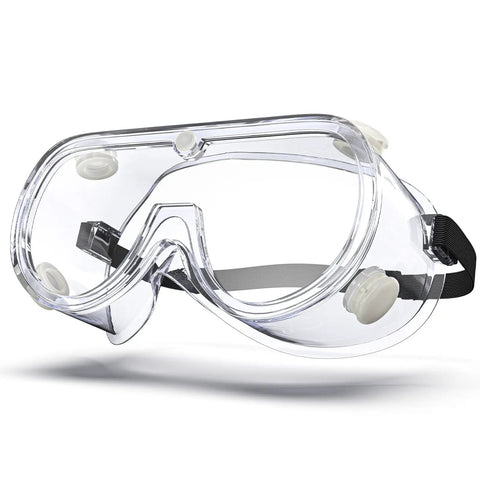 Anti-Fog Safety Goggles For Lab Use With ANSI Z87.1 Rating, Adjustable Fit Over Glasses, clear, with heat dissipation vents.