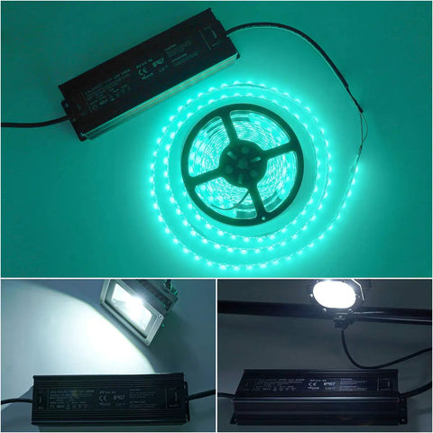 Waterproof IP67 LED Transformer Beefy 250W 12V DC Power Supply For LED Lighting Outdoor Projects shown with glowing LED strip.