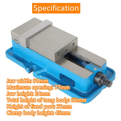 3 X 2.95 Inch Precision Milling Vise Without Base For CNC Machines No Base Needed Built Tough Locking Clamp Vise on blue base, 81mm jaws