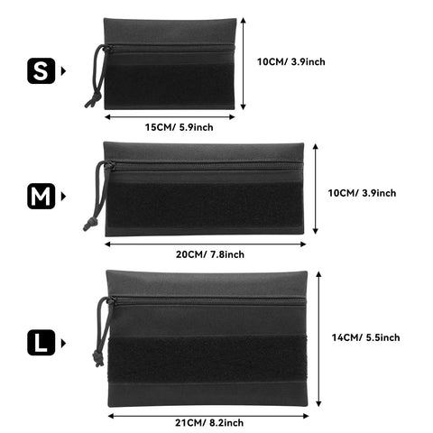 Top Shelf Black 3 Pack Tactical Zipper Pouches Featuring Secure Hook And Loop Panel For Tactical Vest Chest Rig Admin Mod Gear Tool Storage And Day One Ready Essentials Waterproof, size S, M, L with measurements.