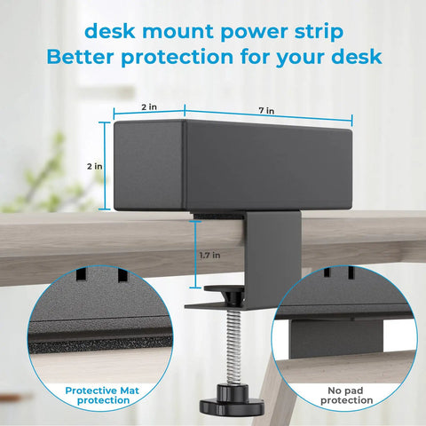 Edge Mount Desk Clamp Power Strip With Eight AC Outlets Plus Two USB A Ports And One USB C 18W Fast Charge side view measurements