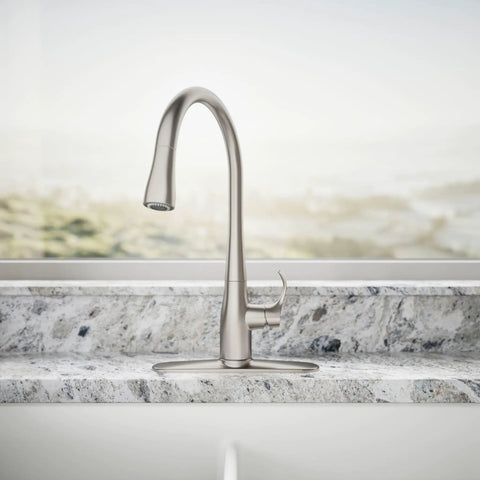 Works Like A Charm High Arch Kitchen Sink Faucet With Pull Down Sprayer And Three Spray Modes Brushed Stainless Steel Build on granite counter.