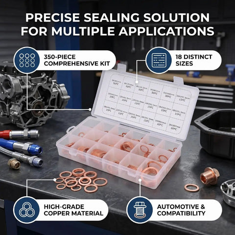 Pro Copper Crush Washer Set 350 Piece Brass Gasket Assortment 18 Metric Sizes Oil Drain Plug Seals Durable Plastic Carry Case on workbench