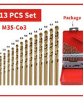 13 Piece M35 Cobalt HSS Drill Bit Set For Metal And Stainless Steel, Twist Bits with Case, Displayed Sizes, High Speed Steel