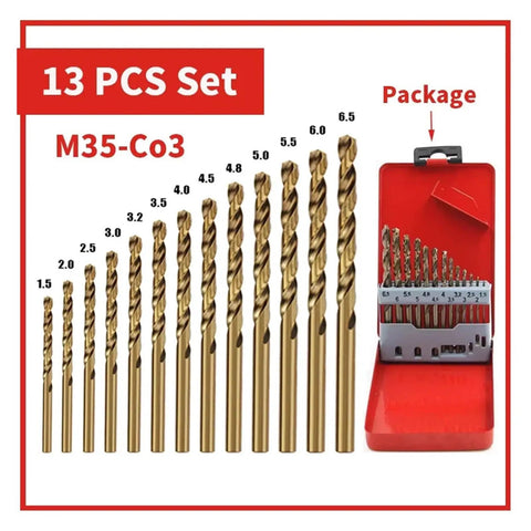 13 Piece M35 Cobalt HSS Drill Bit Set For Metal And Stainless Steel, Twist Bits with Case, Displayed Sizes, High Speed Steel