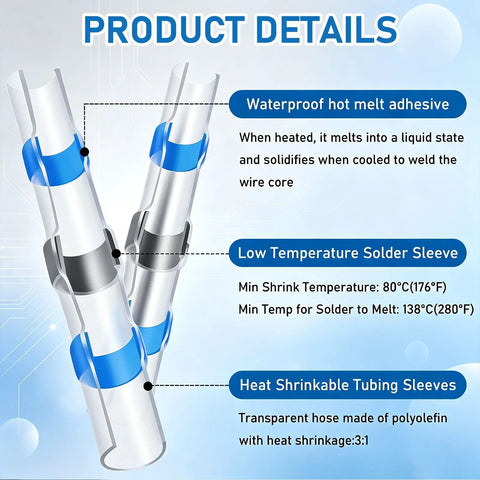 Pro Solder Seal Wire Connector Kit With 350W Mini Heat Gun And 230Pcs Waterproof Electrical Terminals close-up of solder sleeve and heat shrink tubing