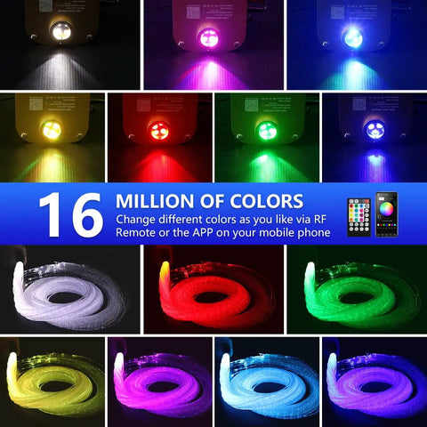Fiber Optic Sensory Light Engine With Twinkle RGBW And Music Activation showing color variations and app control options