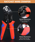 6 In 1 Wire Crimping Tool For Non-Insulated Open Barrel Terminals with red and blue handles, close-up of ratchet mechanism.