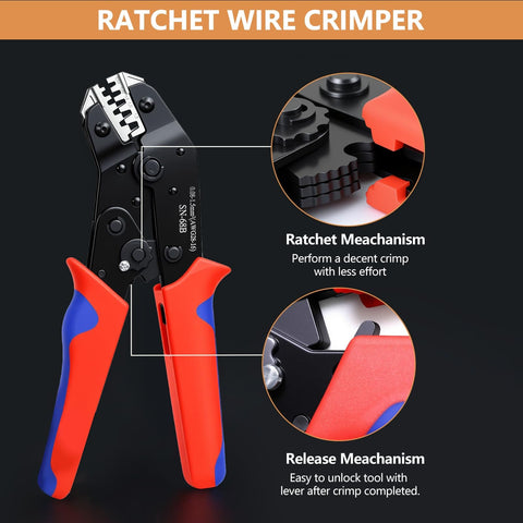 6 In 1 Wire Crimping Tool For Non-Insulated Open Barrel Terminals with red and blue handles, close-up of ratchet mechanism.