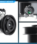 Close-up images of Slick New AC Compressor With Clutch For Hyundai Elantra Tiburon Tucson 2.0L 2001 2009 showing pulley and connector details.