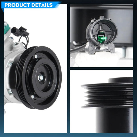 Close-up images of Slick New AC Compressor With Clutch For Hyundai Elantra Tiburon Tucson 2.0L 2001 2009 showing pulley and connector details.