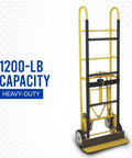 Yellow heavy duty hand truck 1200 pound capacity appliance dolly with convertible two or four wheel design eight inch rubber wheels